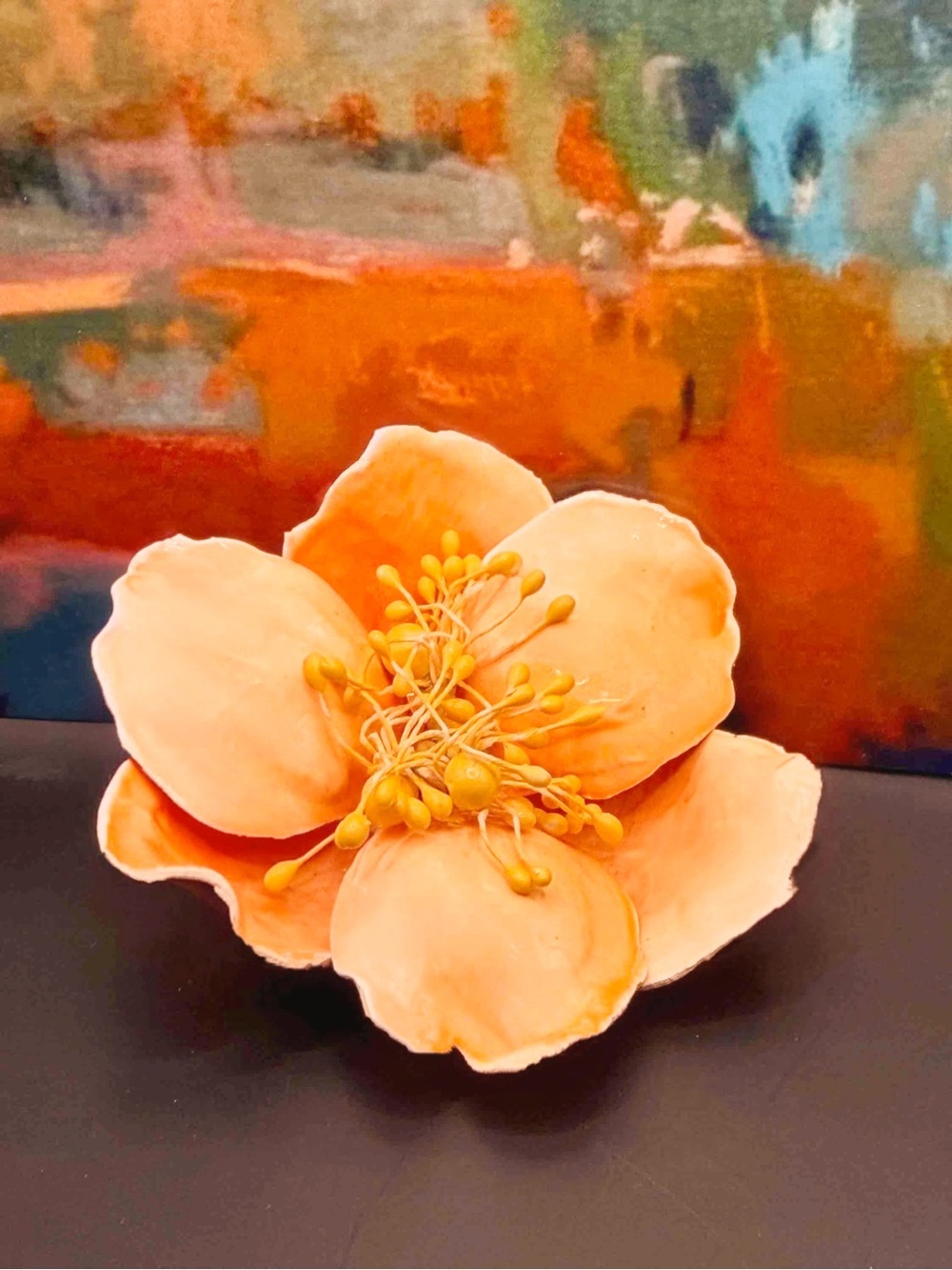 VTG 1960s Lacquered Papier-Mâché Ombre Orange Flower Brooch Mod Pin 3"